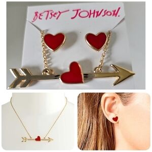 Betsey Johnson Heart Necklace and Earring Set, Gold and Red Enamel Box Gift Idea